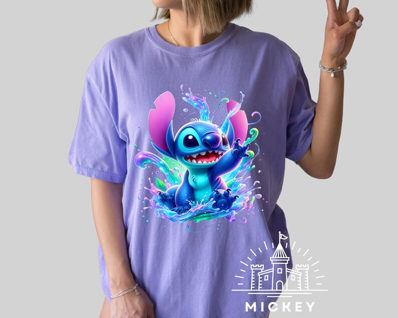 a woman wearing a purple shirt with a stitching stitch stitch stitch stitch stitch stitch