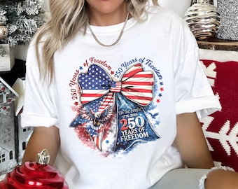 250 Years Of Freedom Coquette Bow Shirt, Comfort Colors, USA Bow Shirt, 4th of July Shirt, Women's Patriotic Shirt, USA Eagle Shirt