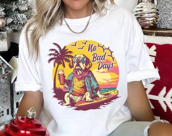 Dog Surfing Shirt, Comfort Colors Beach Tee, Summer Sunset Graphic, Tropical Vacation Apparel