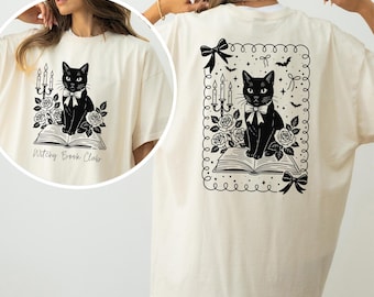 Witchy Book Club Shirt, Comfort Colors, Black Cat Tee, Gothic Library Shirt, Spooky Cat Tee, Book Lover Gift, Witchy Bookish Tee