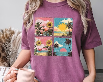 Retro Flamingo Sunflower Beach Graphic Tee, Comfort Colors Tropical Sunset Shirt