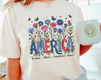 Floral American Flag Shirt, Comfort Colors, 4th Of July Women Shirt, Patriotic Independence Day Shirt, Fourth Of July USA Shirt