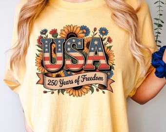 Camiseta Floral USA 250 Años de Libertad, Camiseta Patriótica Comfort Colors
