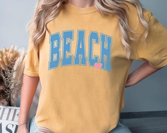 Beach Varsity Shirt, Comfort Colors, Coastal Summer Graphic Tee, Preppy Vacation Apparel