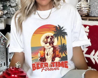 Sunset Dog Beer Time Comfort Colors T-Shirt, Beach Vacation Graphic Tee
