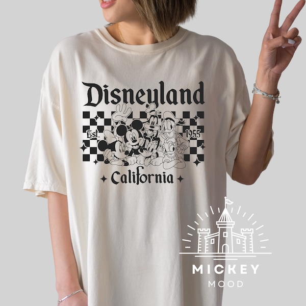 Comfort Colors® Disneyland California T-Shirt, Mickey and Friends Checkered Tee, Disneyworld Trip Shirt, Vintage Disney Est 1955 T-Shirt