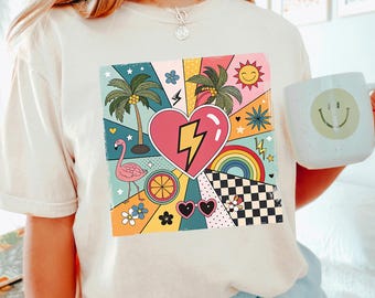 Groovy Flamingo Palm Tree Graphic Tee, Retro Summer Beach Vacation Shirt