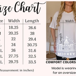The image is a size chart for a white t-shirt, with measurements for different sizes labeled. The chart includes a model wearing the XL size, and the model is wearing the MIXKEY MOOD size. The image also includes a photo of the model wearing the MIXKEY MOOD size. The caption indicates that the model is wearing the XL size for an oversized fit.