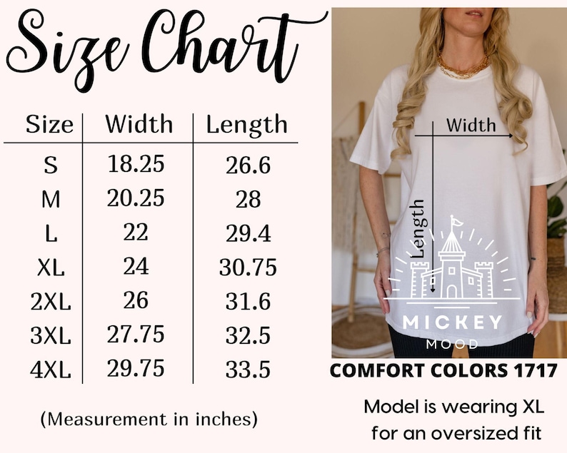 The image is a size chart for a white t-shirt, with measurements for different sizes labeled. The chart includes a model wearing the XL size, and the model is wearing the MIXKEY MOOD size. The image also includes a photo of the model wearing the MIXKEY MOOD size. The caption indicates that the model is wearing the XL size for an oversized fit.