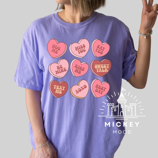 Comfort Colors® Valentines Conversation Hearts T-Shirt, Say Yes, Xoxo, Be Mine, Best Day, Kiss Me, Hug Me, Miss You, Text Me, Sweet Talk Tee