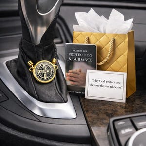 St Benedict Car Charm Gift Set | Catholic Car Blessing with Prayer Book | Travel Protection Gift | Catholic Gift for Driver