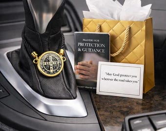 St Benedict Car Charm Gift Set | Catholic Car Blessing with Prayer Book | Travel Protection Gift | Catholic Gift for Driver