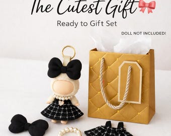 Labubu Doll Outfit 17cm | Doll Dress Set with Bow & Pearl Necklace | Ready to Gift | Cute Doll Clothes Gift for Girls