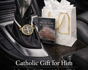 Catholic Gift for Him – St Benedict Car Charm, Travel Protection Prayer, Religious Gift for Men