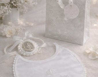 Baptism Gift Set for Baby – Lace Baptism Bib and Guardian Angel Medal, Christening Gift, Catholic Baby Gift