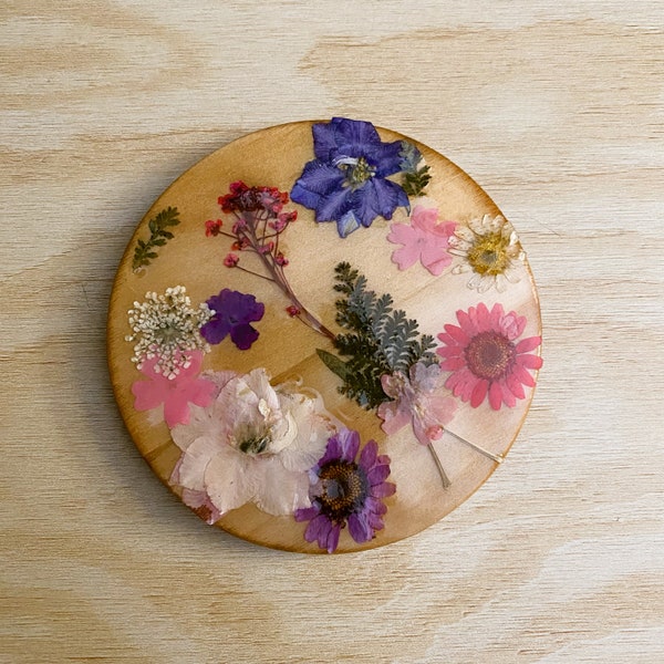 Custom made wooden coasters with flower embellishment, resin coated, felt bottom