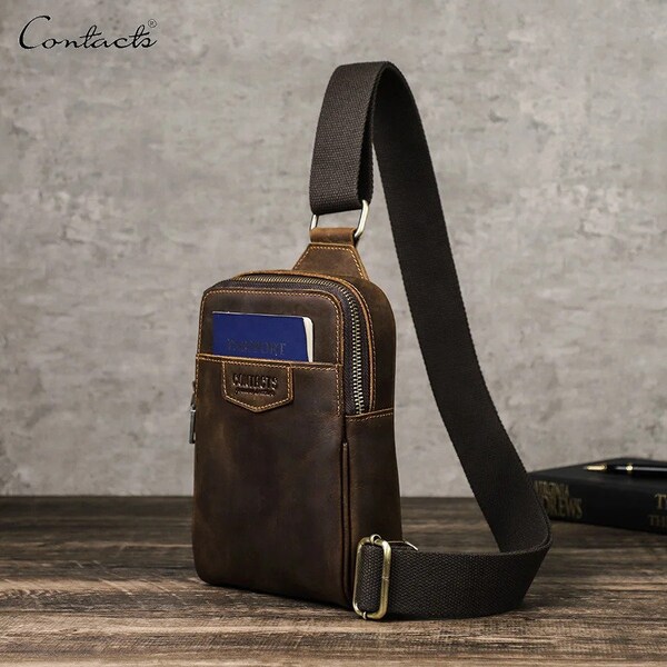 Cowhide Leather men small Shoulder Crossbody Chest Bag