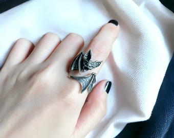 Silver Bat Adjustable Ring, Gothic Rings, Silver Bat Entangled Ring, Adjustable Animal Ring, Vintage Style Ring, Gift For Her, Handmade Gift