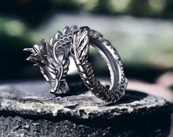 Anillo ajustable enredado de dragón de plata, anillos punk, anillo de dragón de plata, anillo de animales ajustable, joyería gótica, regalo hecho a mano para ella