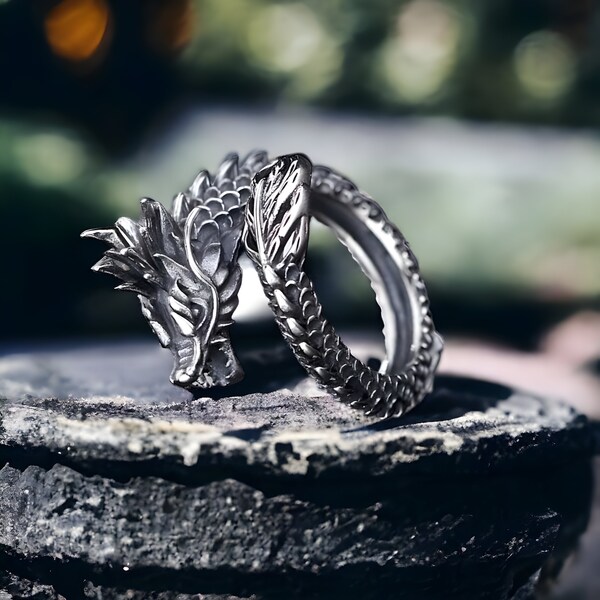 Silver Dragon Entangled Adjustable Ring, Punk Rings, Silver Dragon Ring, Adjustable Animal Ring, Gothic Jewellery, Handmade Gift For Her