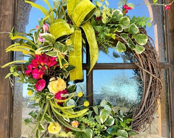 XL 32"  Spring faux flower wreath for front door, handmade - high quality trendy summer porch decor, beautiful Mother’s Day or birthday gift