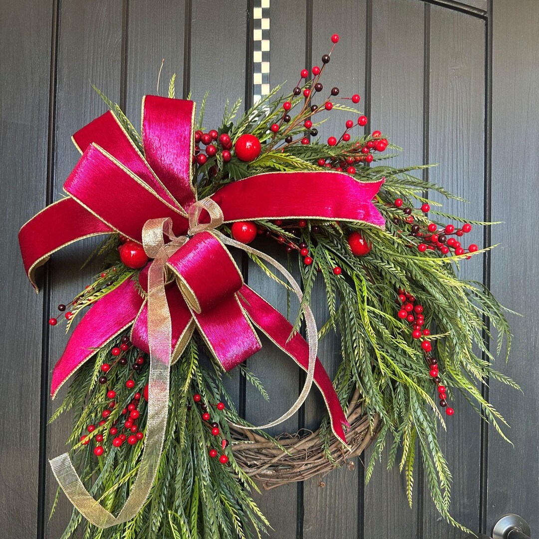 Elegant Christmas Wreath With Pink Velvet Bow and Winter Greenery ...