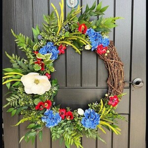 XL Americana 4th of July Wreath, Patriotic Red White Blue Door Decor, Outdoor Magnolia Farmhouse wreath, USA summer door wreath