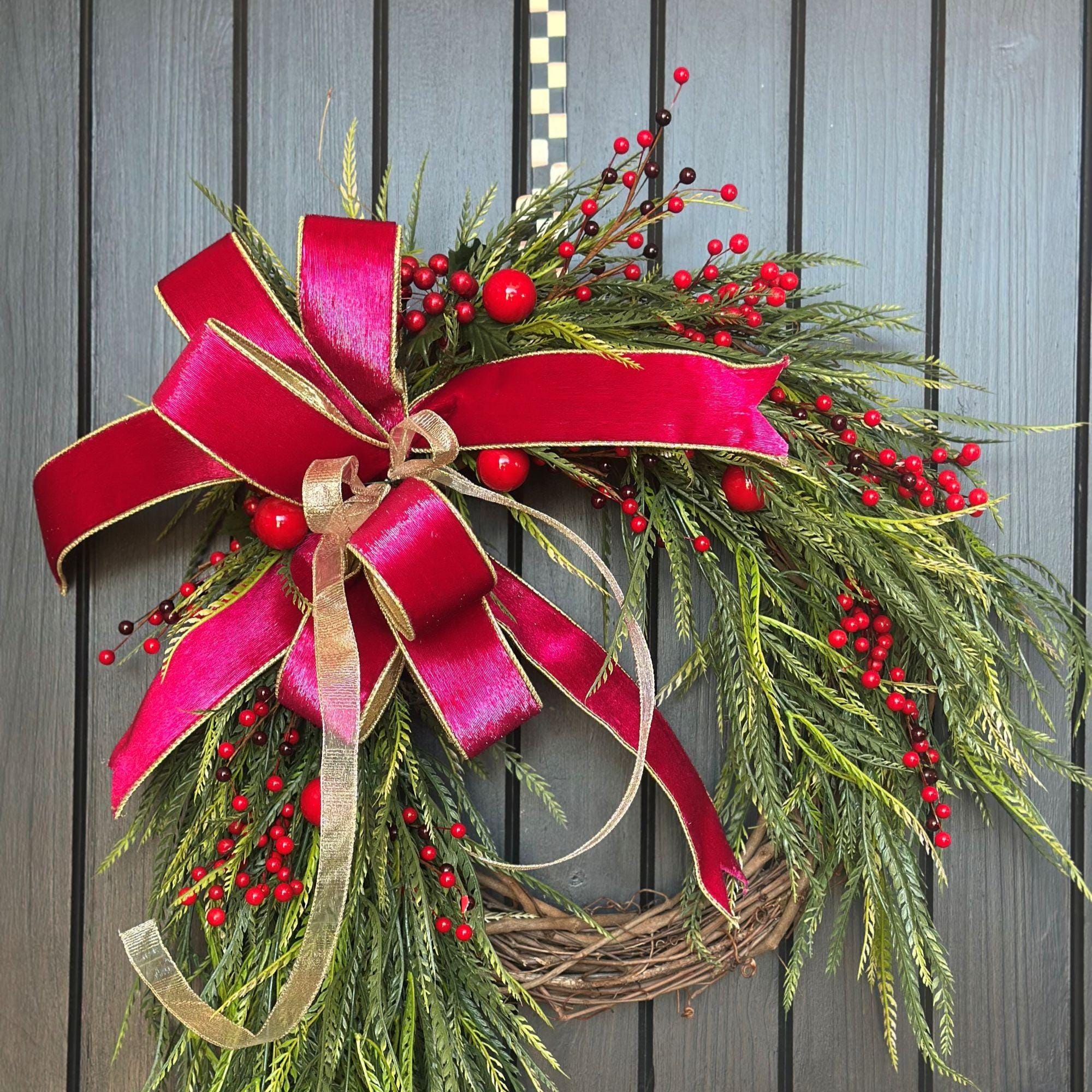 Elegant Christmas Wreath With Pink Velvet Bow and Winter Greenery ...