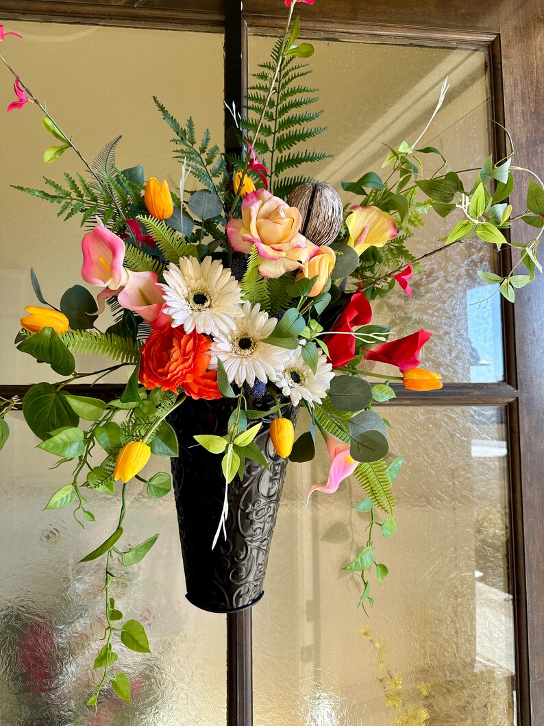 XL Handmade Spring Door Wreath, Floral Bucket Wreath, Basket Wreath