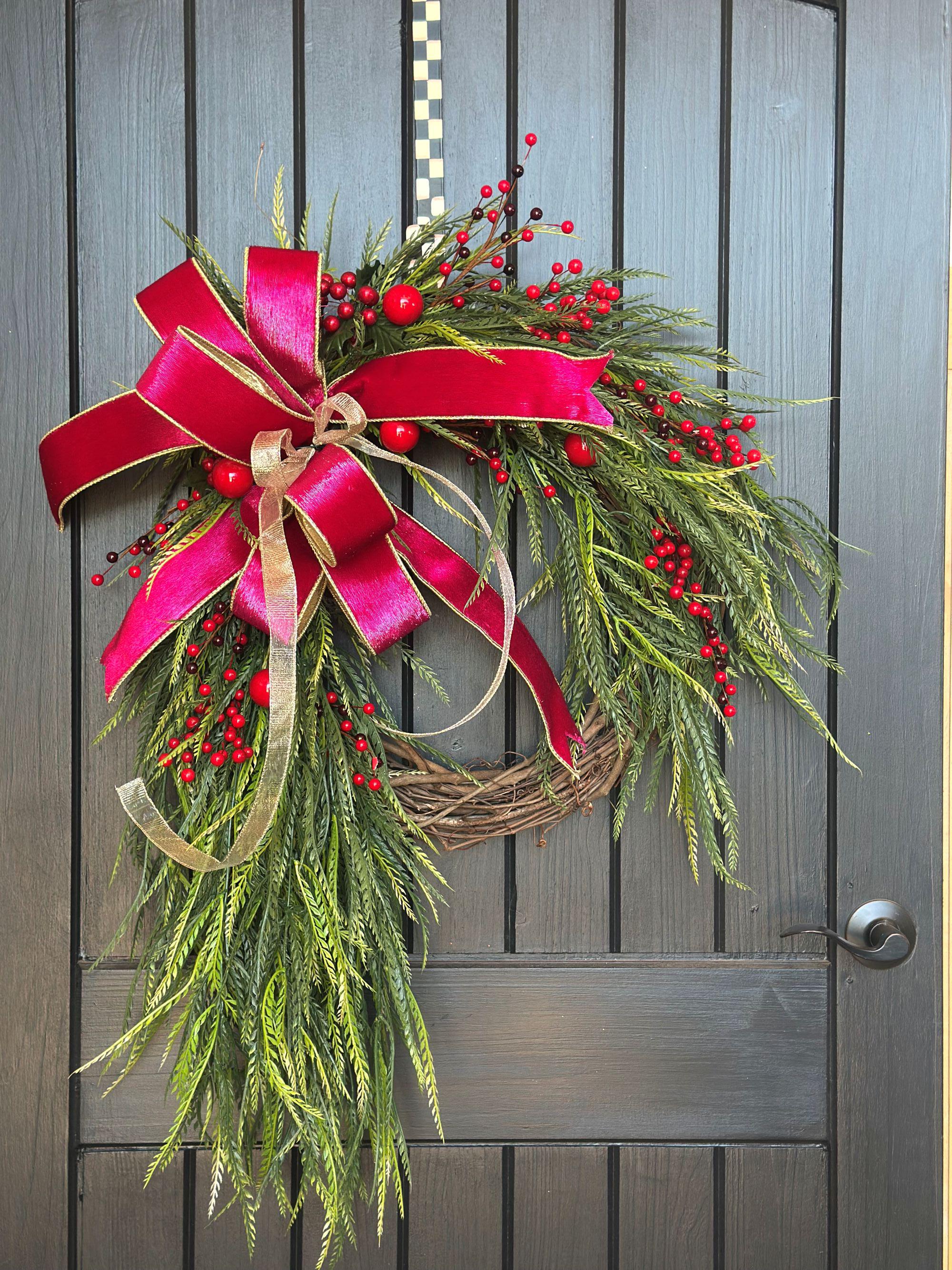 Elegant Christmas Wreath With Pink Velvet Bow and Winter Greenery ...