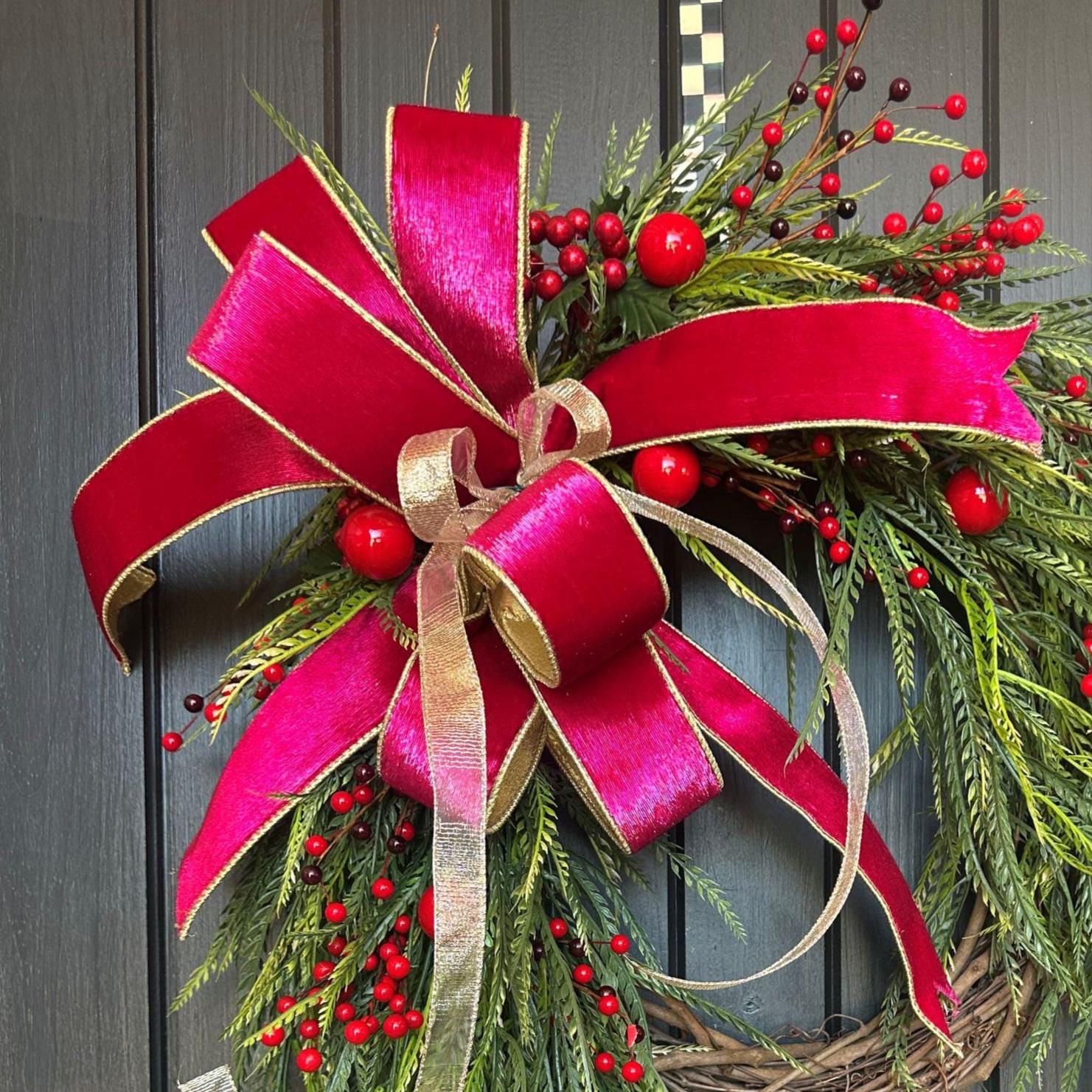 Elegant Christmas Wreath With Pink Velvet Bow and Winter Greenery ...
