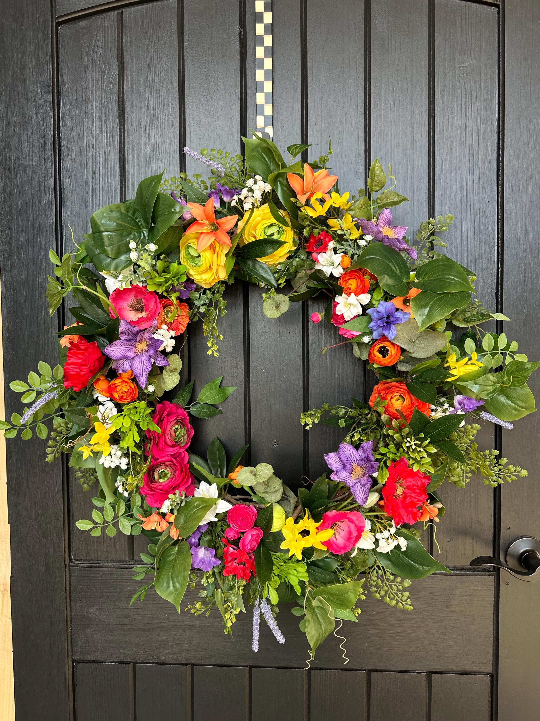 Large Vibrant Floral Front Door Spring Wreath, Summer / Year Round 