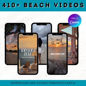 May include: Four phone screen mockups with beach scenes. Each mockup has a text overlay that says "Add Your Text". The text is in a white, serif font. The mockups are on a white background with the text "410+ BEACH VIDEOS" at the top and "DOWNLOAD AND ACCESS THROUGH CANVA!" at the bottom. The text "Edit in Canva" is in a purple and blue circle at the top right.