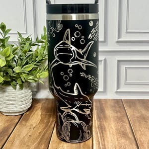 40 oz Shark Sharks Ocean Sea Life Great White Shark Lover Customized 40oz Laser Engraved Tumbler