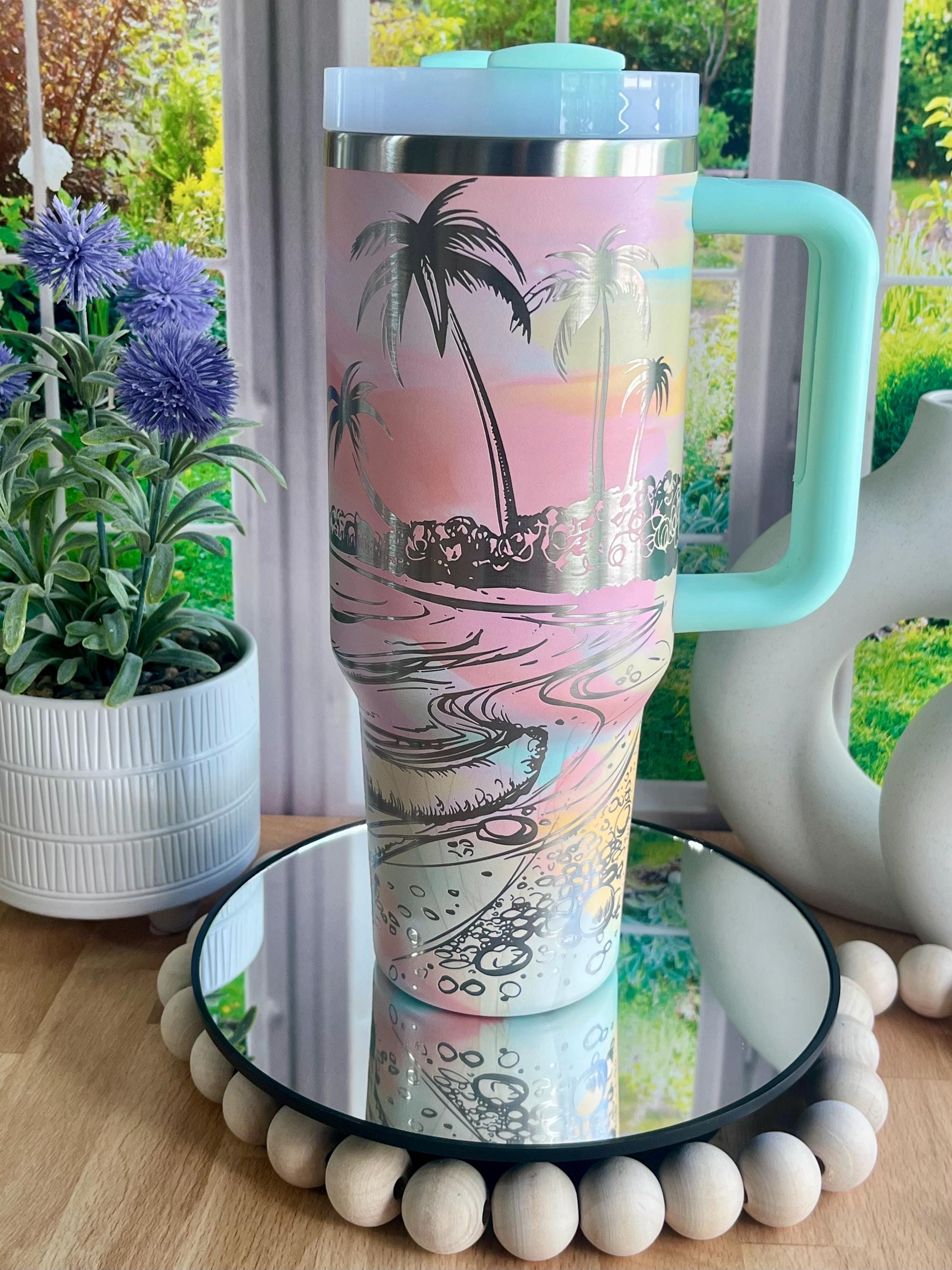 40 Oz 40oz Laser Engraved Tropical Beach Tumbler Palm Trees & Hibiscus ...