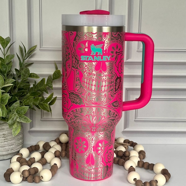 40 oz Tumbler Sugar Skull Sugar Skulls Skeleton Handle Straw Customized Laser Engraved