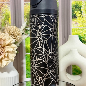 May include: A black water bottle with a silver basketball design. The bottle has a black lid and a flip-top opening. The design features a repeating pattern of basketballs. The bottle is approximately 10 inches tall.