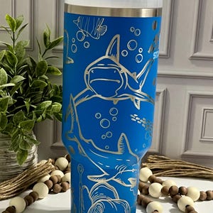 40 oz 40oz Shark Sharks Ocean Sea Life Shark Lover Customized  Laser Engraved Tumbler