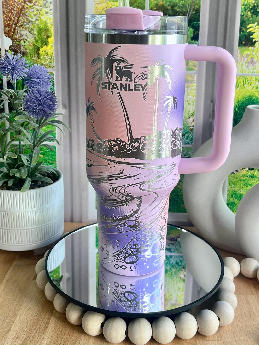 40 Oz 40oz Laser Engraved Tropical Beach Tumbler Palm Trees & Hibiscus ...
