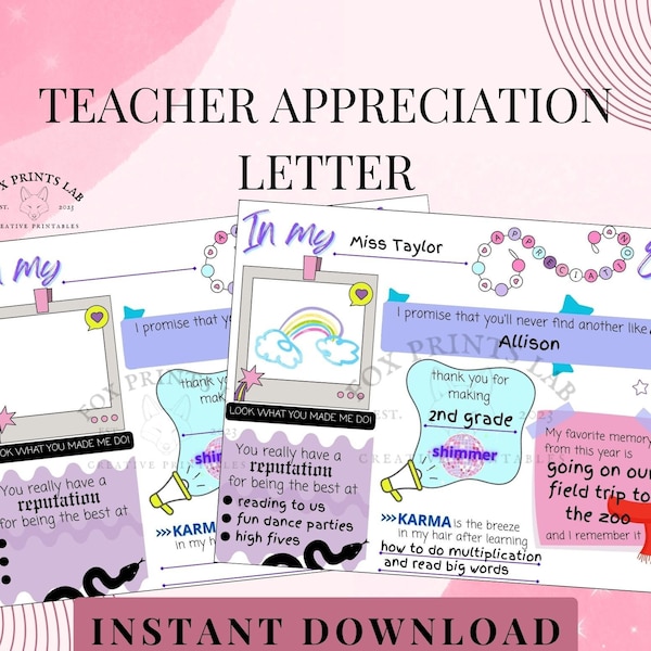 Teacher Appreciation Era Taylor Swift letter | Printable | Instant digital download | Kids|Thank you |Teacher gift|Teacher Era | Craft