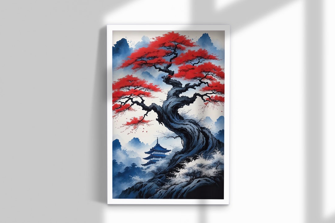 Japanese Red Maple Tree Pagoda Art Print Zen Garden Wall Decor Asian