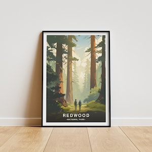 May include: A vintage-style poster featuring a graphic illustration of a forest path lined with tall redwood trees. Two figures are walking towards the light in the distance. The text "REDWOOD -NATIONAL PARK- " is at the bottom of the poster.