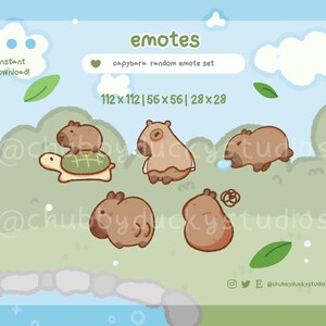 May include: Digital art featuring a set of capybara emotes. The image includes several cartoon capybaras in various poses, along with text that reads "emotes" and "capybara random emote set." The image also includes the dimensions of the emotes in pixels.