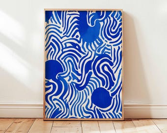 Póster de arte lineal abstracto azul, impresión de pared minimalista moderna, obra de arte contemporáneo audaz, decoración del hogar de inspiración geométrica de mediados de siglo.