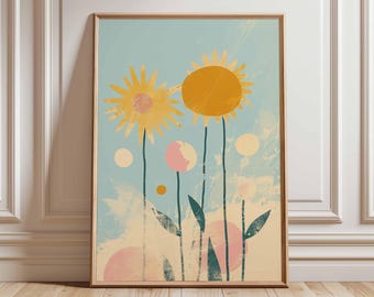 Retro Sunflower Wall Art Poster – Mid Century Modern Abstract Floral Print, Vintage Yellow Sunflower Artwork, Botanical Home Decor