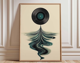 Puede incluir: Una impresión de arte minimalista que representa un disco de vinilo negro con una etiqueta central turquesa. El disco parece estar derritiéndose en un patrón abstracto de remolino de turquesa y negro.