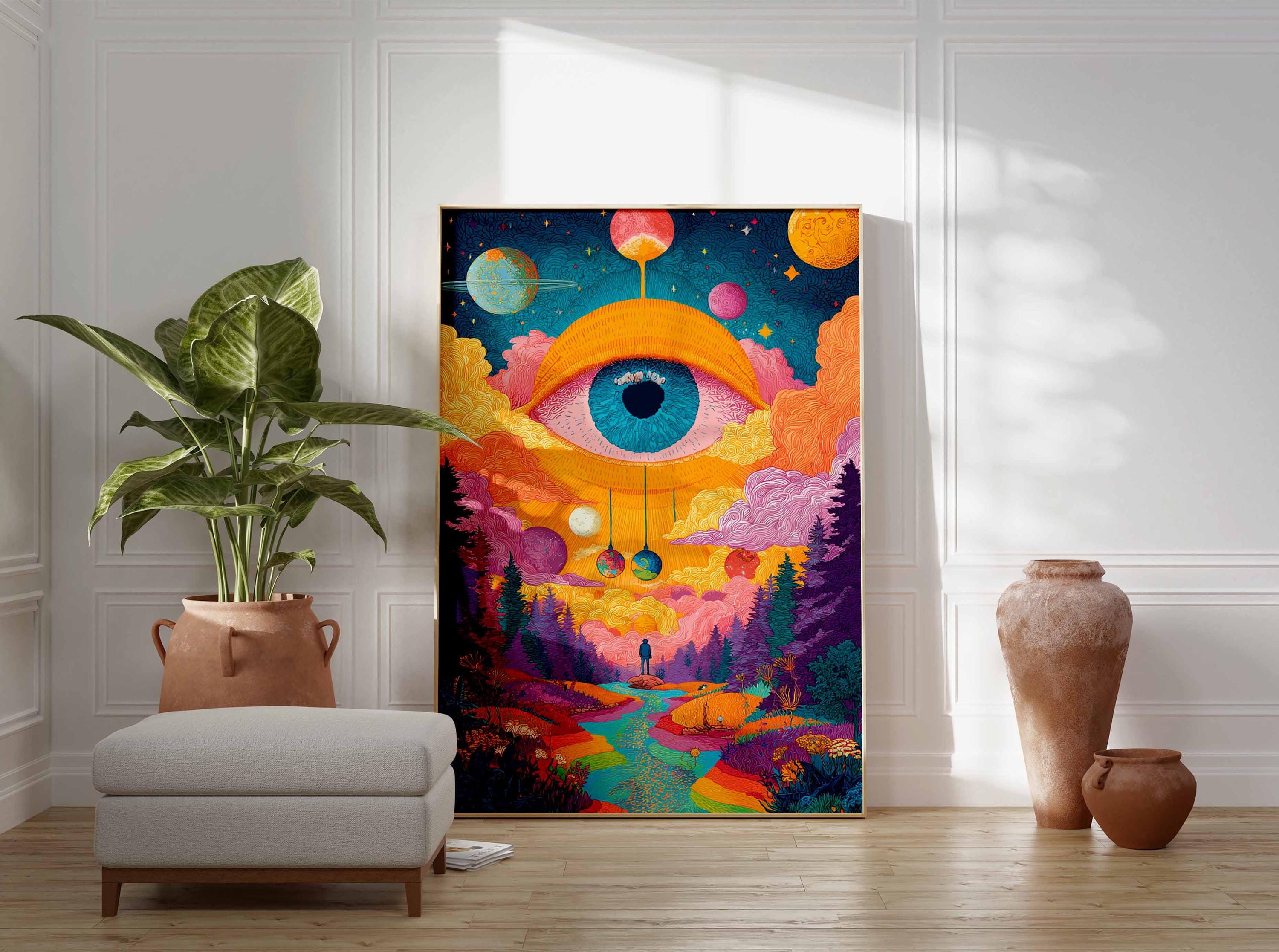 Psychedelic Eye Wall Art Print, Trippy Cosmic Landscape Poster