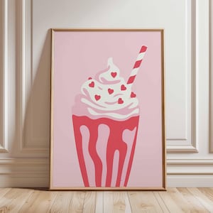 Pink Milkshake Poster, Whipped Cream Wall Art, Valentine Dessert Print, Retro Diner Art, Cute Kawaii Milkshake Decor