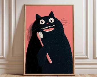 Rolig kattposter, svart katt badrumskonst, udda djurväggtryck, katt med tandborste, nyckfull kattillustration, söt kattdekor