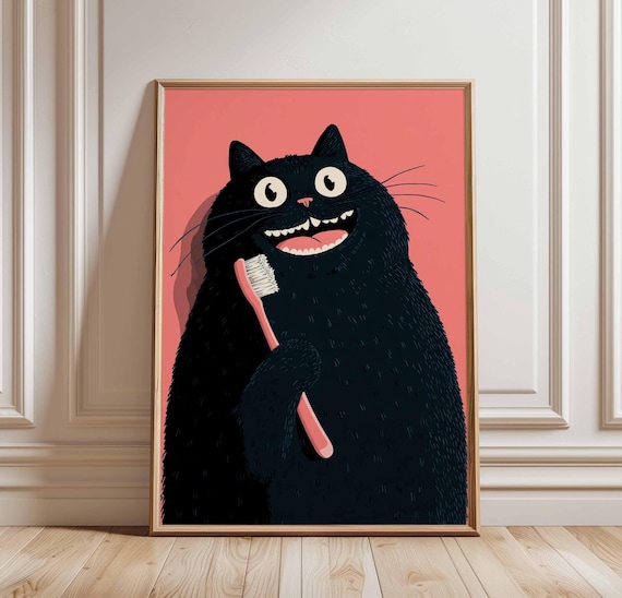 Funny Cat Poster, Black Cat Bathroom Art, Quirky Animal Wall Print, Cat with Toothbrush, Whimsical Cat Illustration, Cute Feline Decor